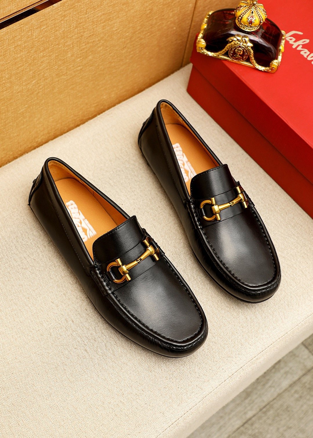 Ferragamo Black Gold-Tone Driving Loafers